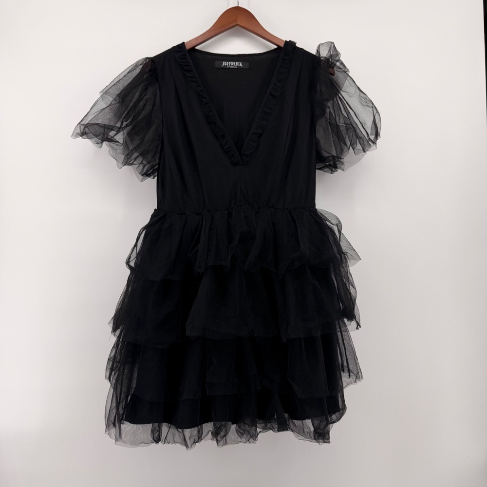 Disturbia Black Tulle Tiered Mini Dress V-Neck Puff Sleeve Whimsigoth US 8